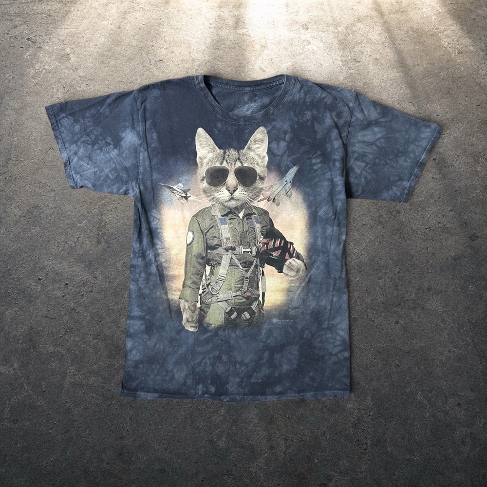 The Mountain Cat Pilot Fighter Jet Tie Dye Graphic Tee Shirt Blue Large Vintage